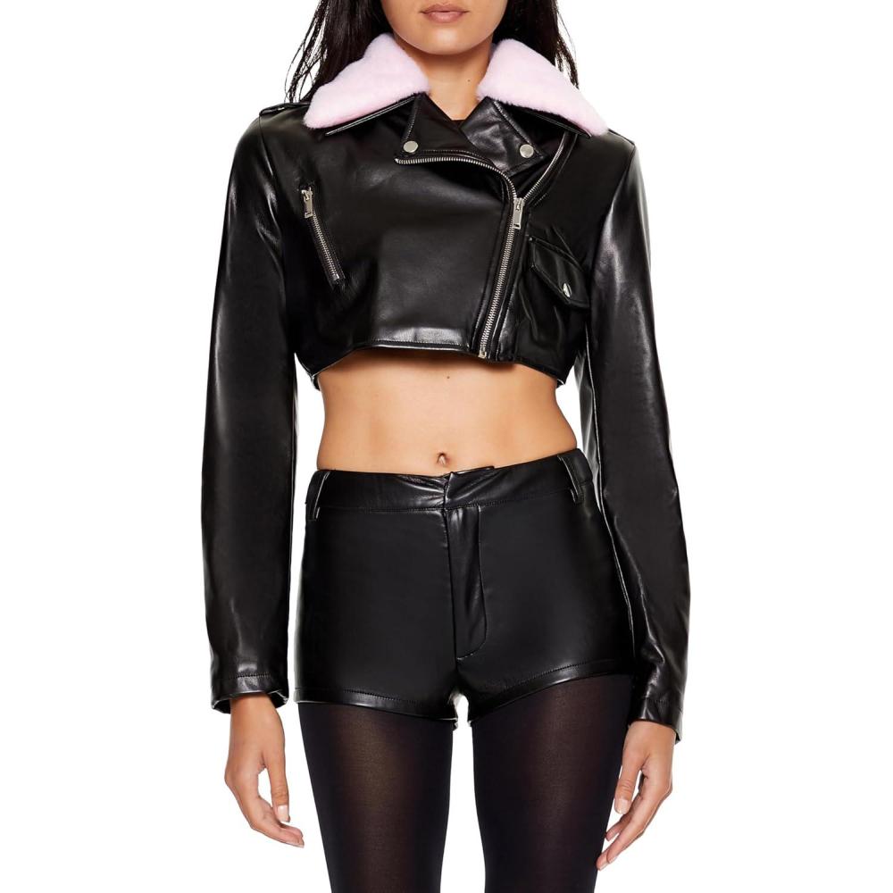 imageForever 21 womens Faux Furtrim Cropped Moto JacketBlackPink