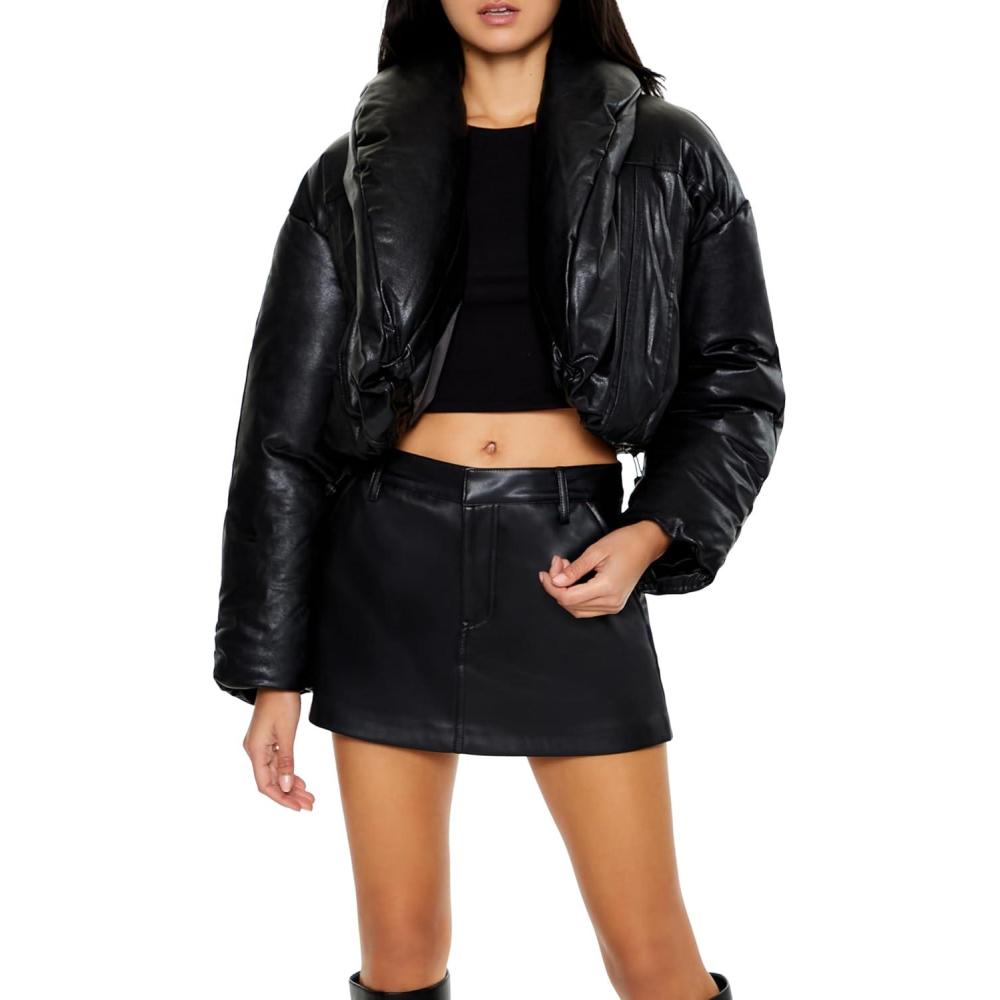 imageForever 21 womens Faux Leather Cropped Puffer JacketBlack