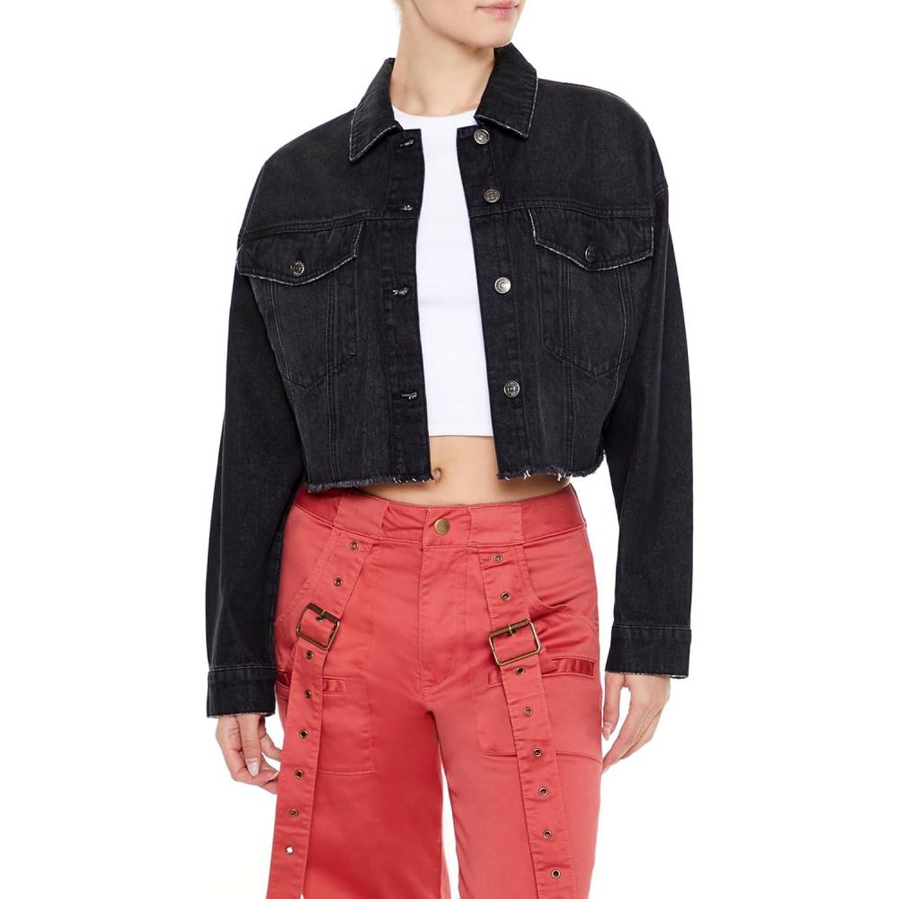 imageForever 21 womens Frayed Denim Trucker JacketBlack