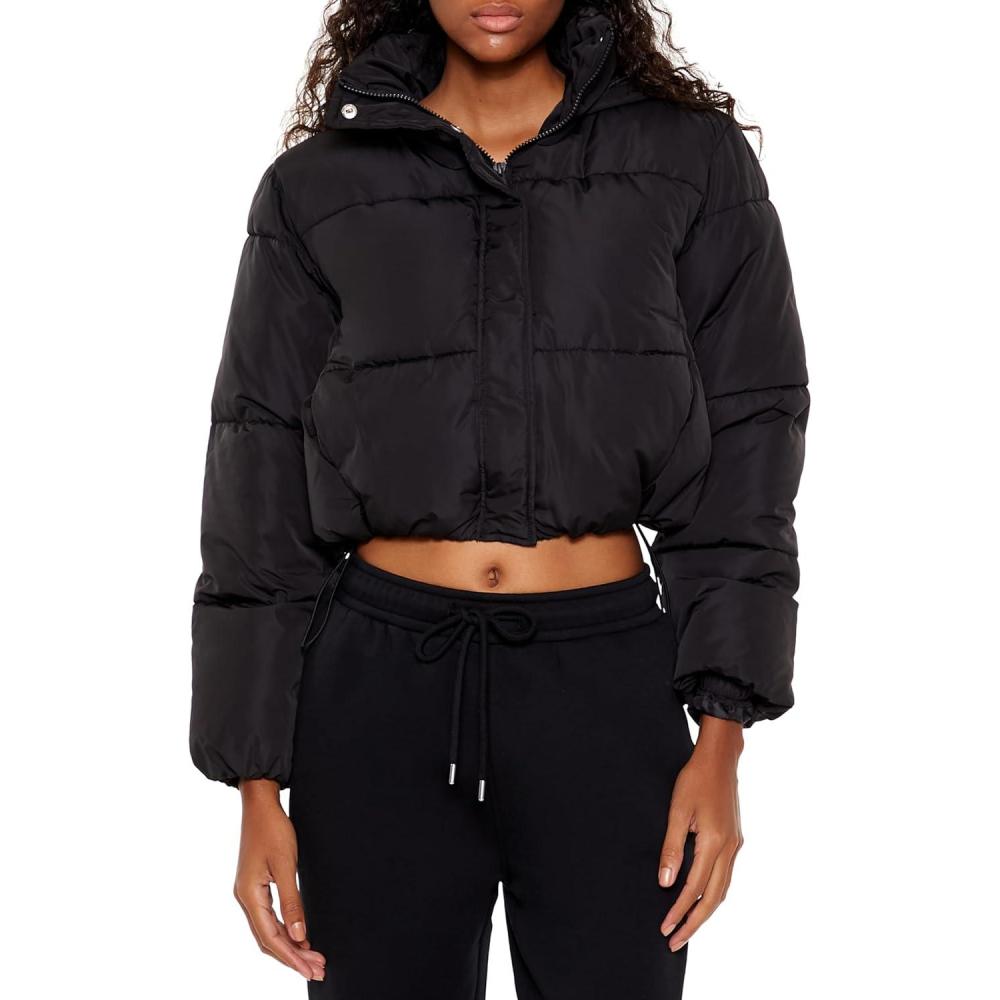imageForever 21 womens Hooded Cropped Puffer JacketBlack