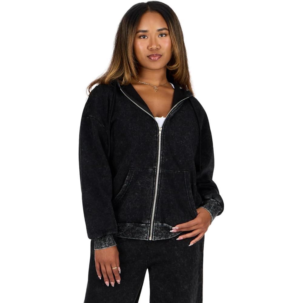 imageForever 21 womens Oversized Zipup Enzyme Wash HoodieBlack