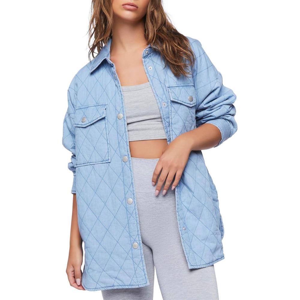 imageForever 21 womens Quilted Dolphinhem ShacketMedium Denim