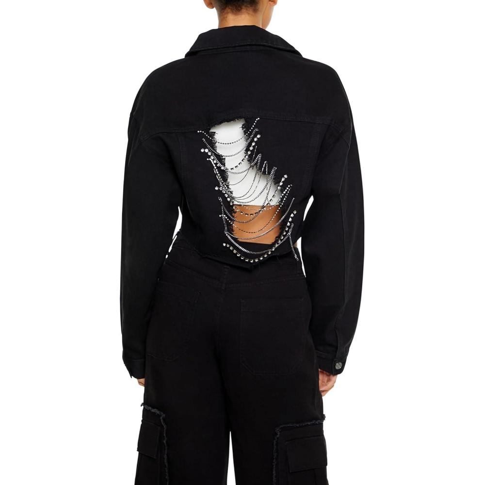 imageForever 21 womens Rhinestone Chain Denim JacketBlack