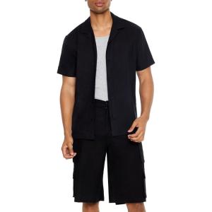 Forever 21 Men’s Linen-Blend Cuban Collar Shirt(Black)