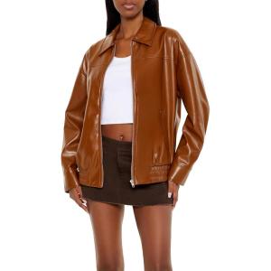 Forever 21 Women’s Faux Leather Zip-Up Bomber Jacket Root Beer X-Large