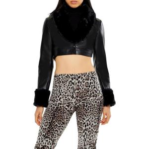 Forever 21 Women’s Faux Leather & Fur Cropped Jacket(Black)
