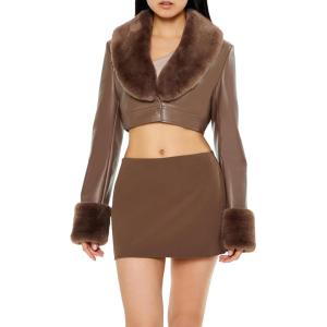 Forever 21 Women’s Faux Leather & Fur Cropped Jacket(Espresso)