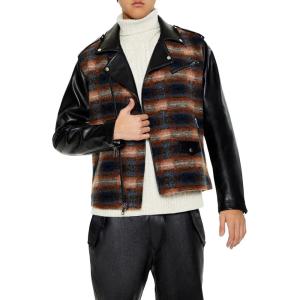 Forever 21 mens Plaid Faux Leather Moto Jacket(Black/Multi)