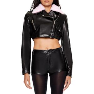 Forever 21 womens Faux Fur-trim Cropped Moto Jacket(Black/Pink)