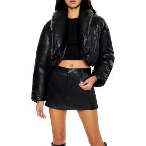 Forever 21 womens Faux Leather Cropped Puffer Jacket(Black)