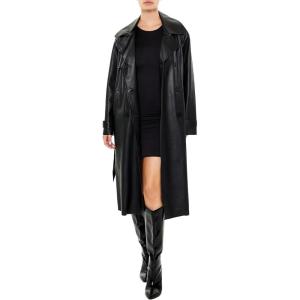 Forever 21 womens Faux Leather Notched Trench Coat(Black)