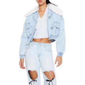 Forever 21 womens Faux Shearling Denim Bomber Jacket(Light Denim)