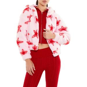 Forever 21 womens Faux Shearling Star Print Hoodie(Pink/Red)