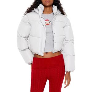 Forever 21 womens Hooded Cropped Puffer Jacket(Silver)