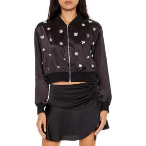 Forever 21 womens Rhinestone Charm Bomber Jacket(Black)