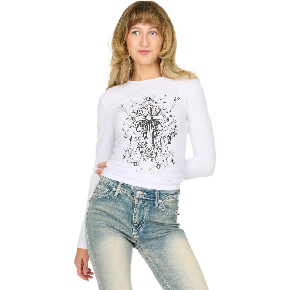 imageForever 21 Womens Long Sleeve Tee with Screens and RhinestonesWhite