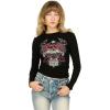 Forever 21 Womens Long Sleeve Tee with Screens and Rhinestones(Black)
