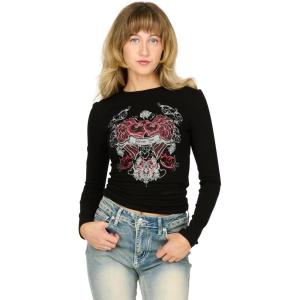 Forever 21 Womens Long Sleeve Tee with Screens and Rhinestones(Black)