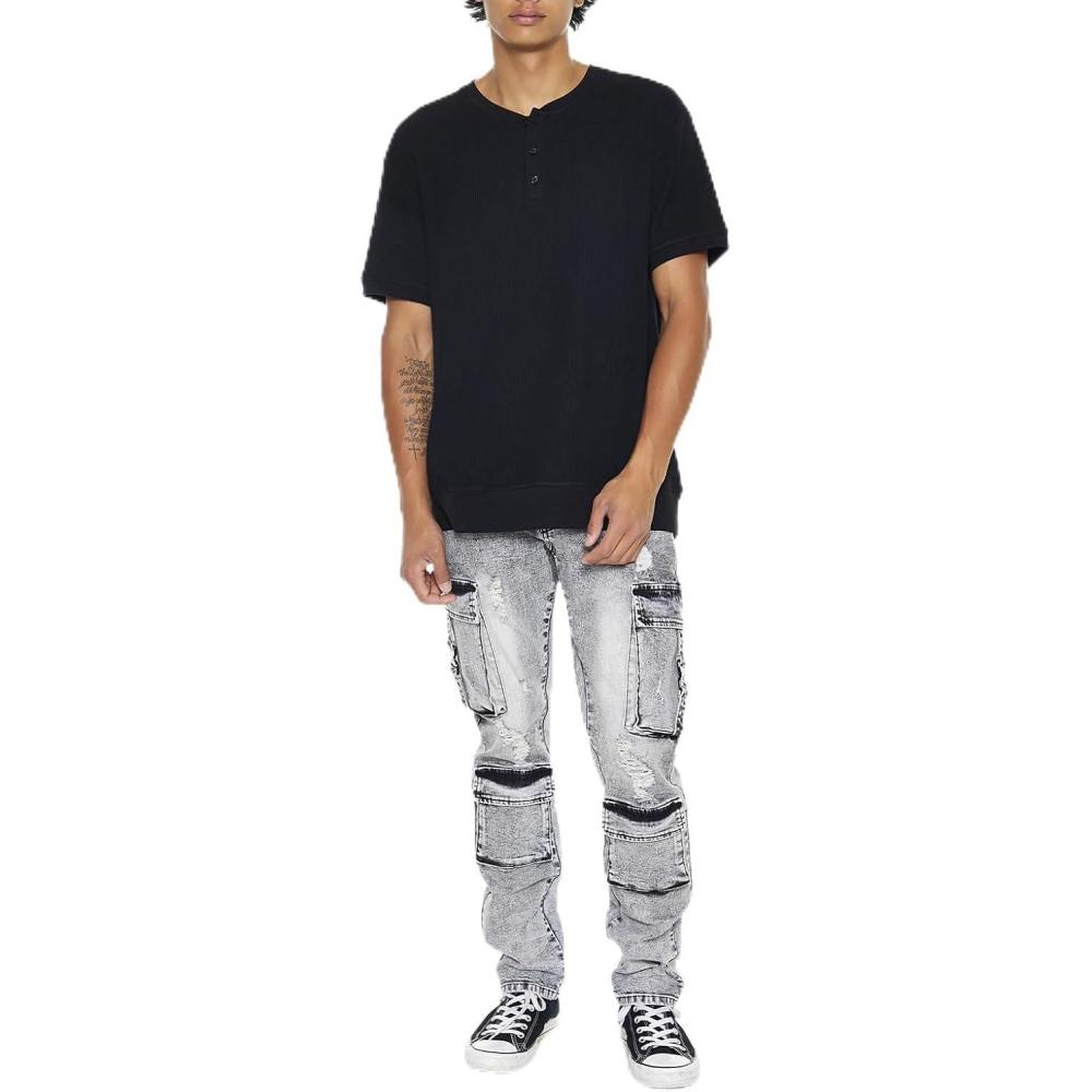 imageForever 21 Mens Acid Wash Slimfit Cargo JeansBlack