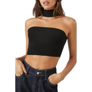 Forever 21 Womens Sweater-Knit Choker Crop Top(Black)