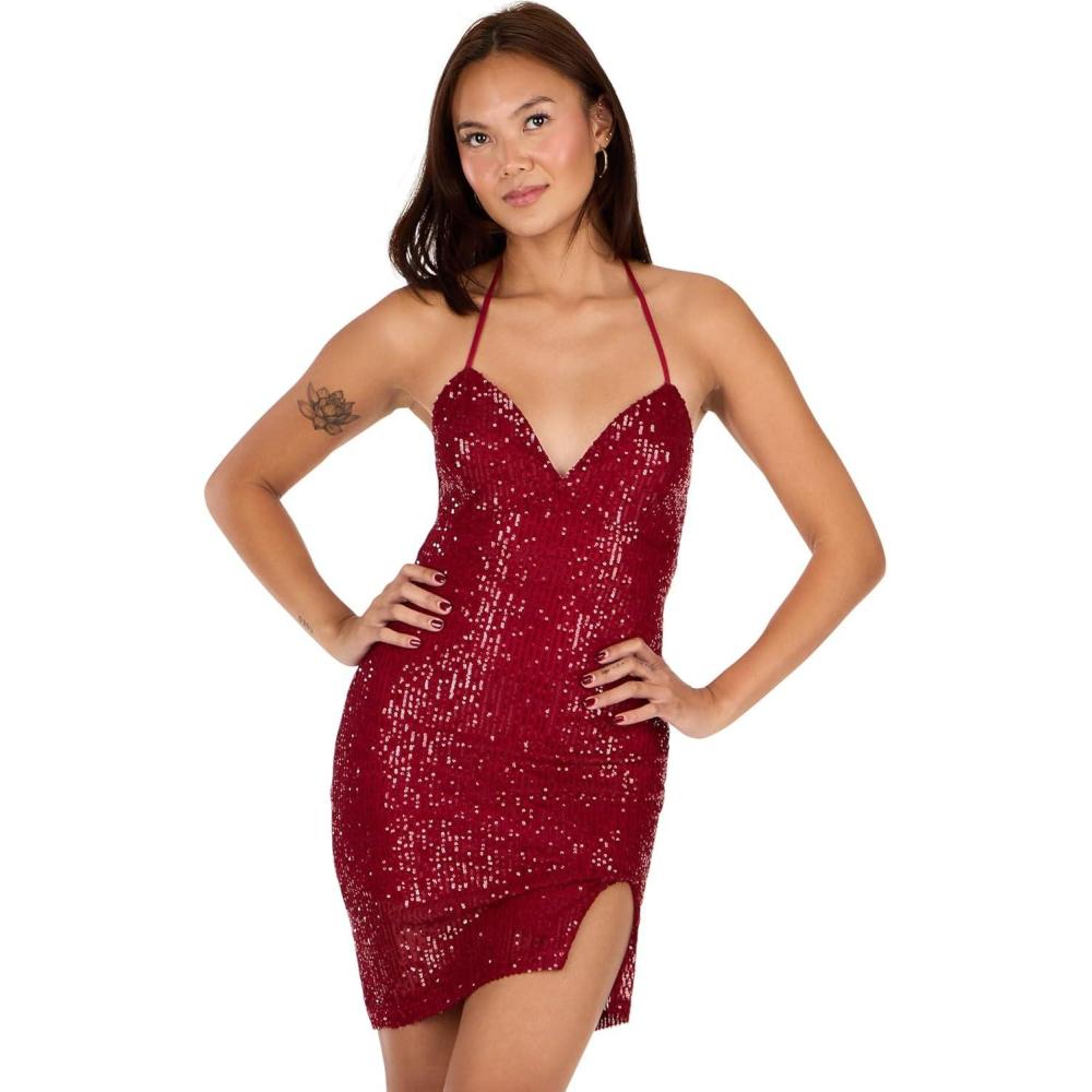 imageForever 21 Womens Mini Dress WSequins Pull on and Halter TopRed