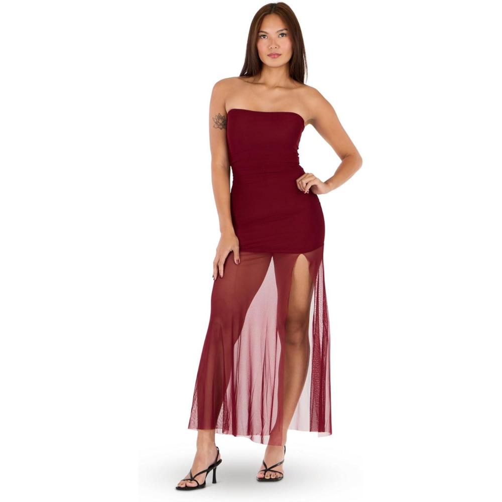 imageForever 21 Womens Strapless Maxi Dress with Mesh BottomRed