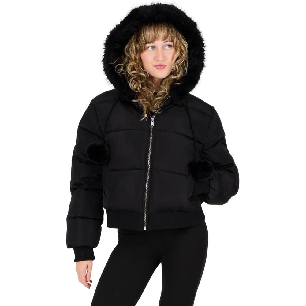 imageForever 21 womens Puffer Jacket With Fur Hood and Pom PomsBlack