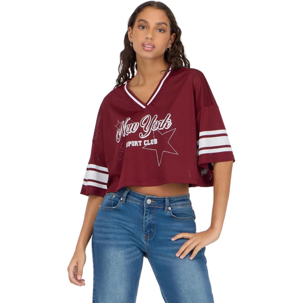 imageForever 21 Womens Mesh Cropped Boxy Football Tee with ScreensBurgundy