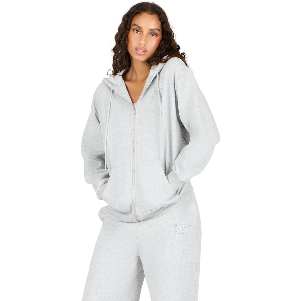 imageForever 21 womens Hoodie With Zip Up ampamp Rhinestone StarHeather Grey