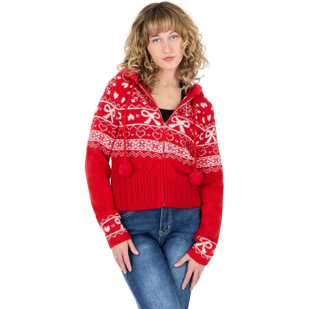 imageForever 21 Womens Full Zip Sweater with Pompoms and Faux Fur Lined HoodRed