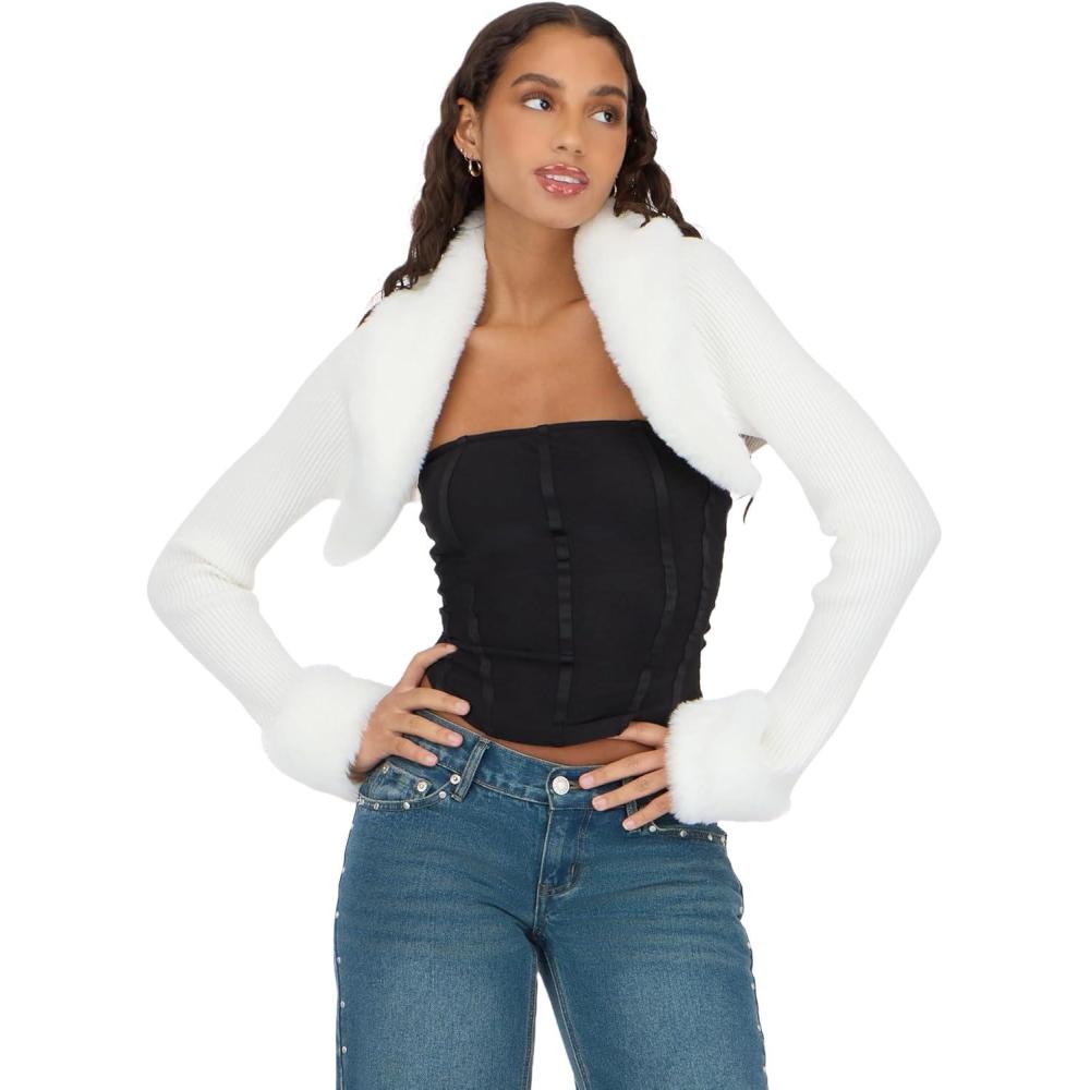 imageForever 21 Womens Fur Trim Cropped BoleroIvory