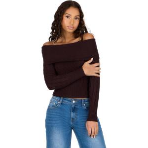 Forever 21 Womens Fold Over Off The Shoulder Sweater with Cable Knit Bottom(Brown)