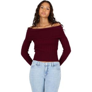 Forever 21 Womens Fold Over Off The Shoulder Sweater with Cable Knit Bottom(Red)