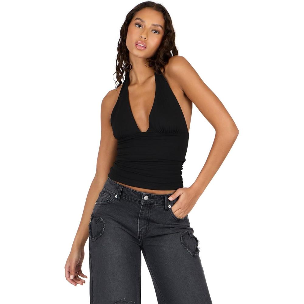 imageForever 21 Womens Halter Deep V Neck TopBlack