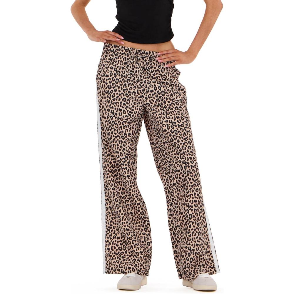 imageForever 21 Womens Nylon Wide Leg Pant with 2 Stripes Down The Sides Elasticated Drawstring WaistLeopard