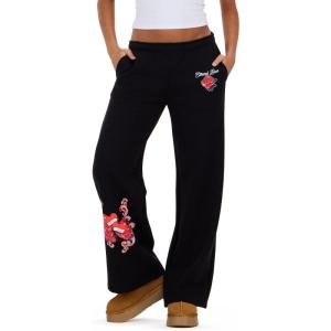 Forever 21 Womens Wide Leg Jogger with Small Screen Print and Rhinestones(Black)