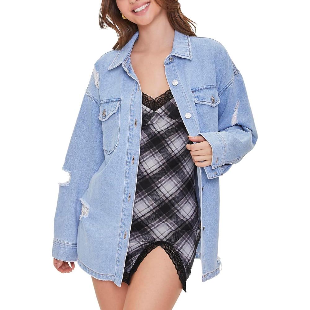 image:imageForever 21 womens Denim Distressed ShacketLight Denim