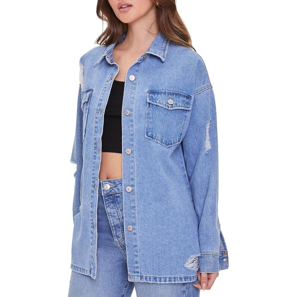 image:imageForever 21 womens Denim Distressed ShacketMedium Denim