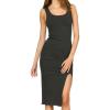 Forever 21 Women’s Midi Dress – Square Neckline with Front Slit(Charcoal)