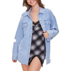 Forever 21 womens Denim Distressed Shacket(Light Denim)