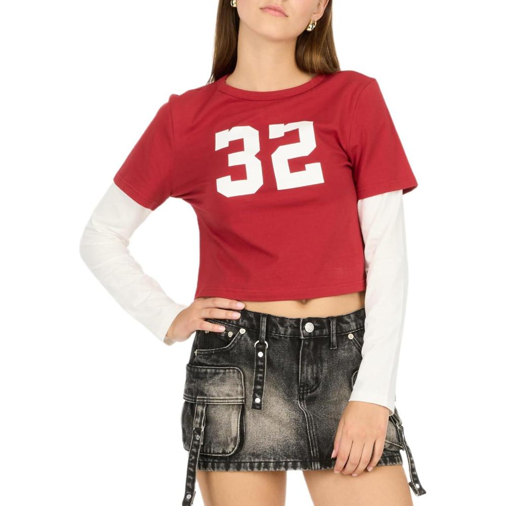 image:imageForever 21 Womens 2fer Long Sleeve TShirt Layered Look with Graphic Front PrintBurgundy