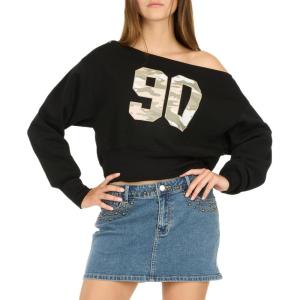 Forever 21 womens Off-shoulder Fleece Sweatshirt Crewneck With Graphic Print(Black)