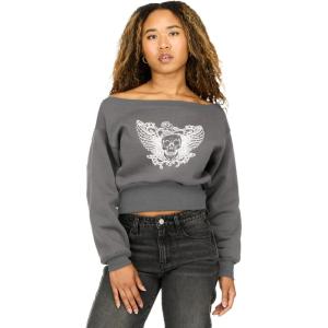 Forever 21 womens Off-shoulder Fleece Sweatshirt Crewneck With Graphic Print(Dark Grey)