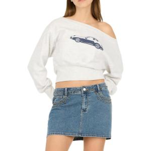 Forever 21 womens Off-shoulder Fleece Sweatshirt Crewneck With Graphic Print(Light Heather Grey)