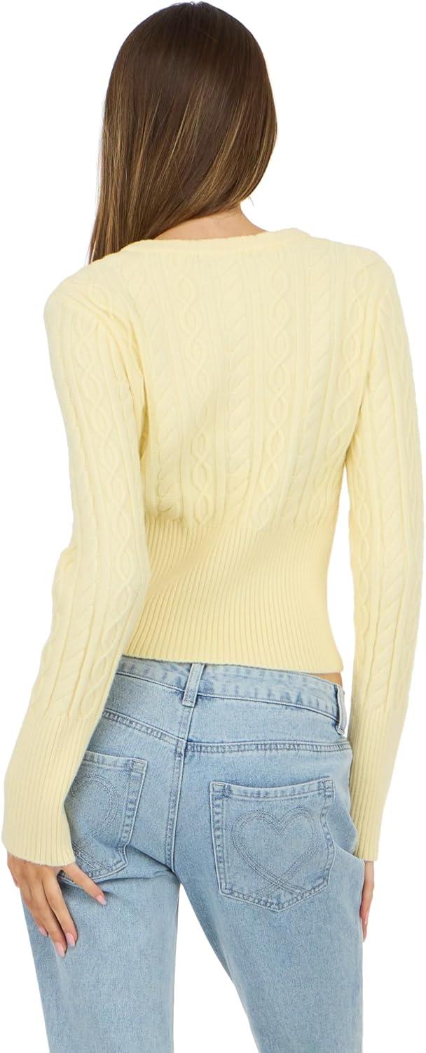 image:imageForever 21 Womens Cable Knit Fitted Cardigan Classic Long Sleeve Button Front Sweater for Everyday LayeringYellow