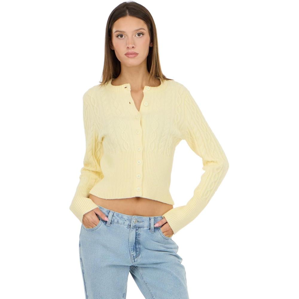 image:imageForever 21 Womens Cable Knit Fitted Cardigan  Classic Long Sleeve Button Front Sweater for Everyday LayeringYellow