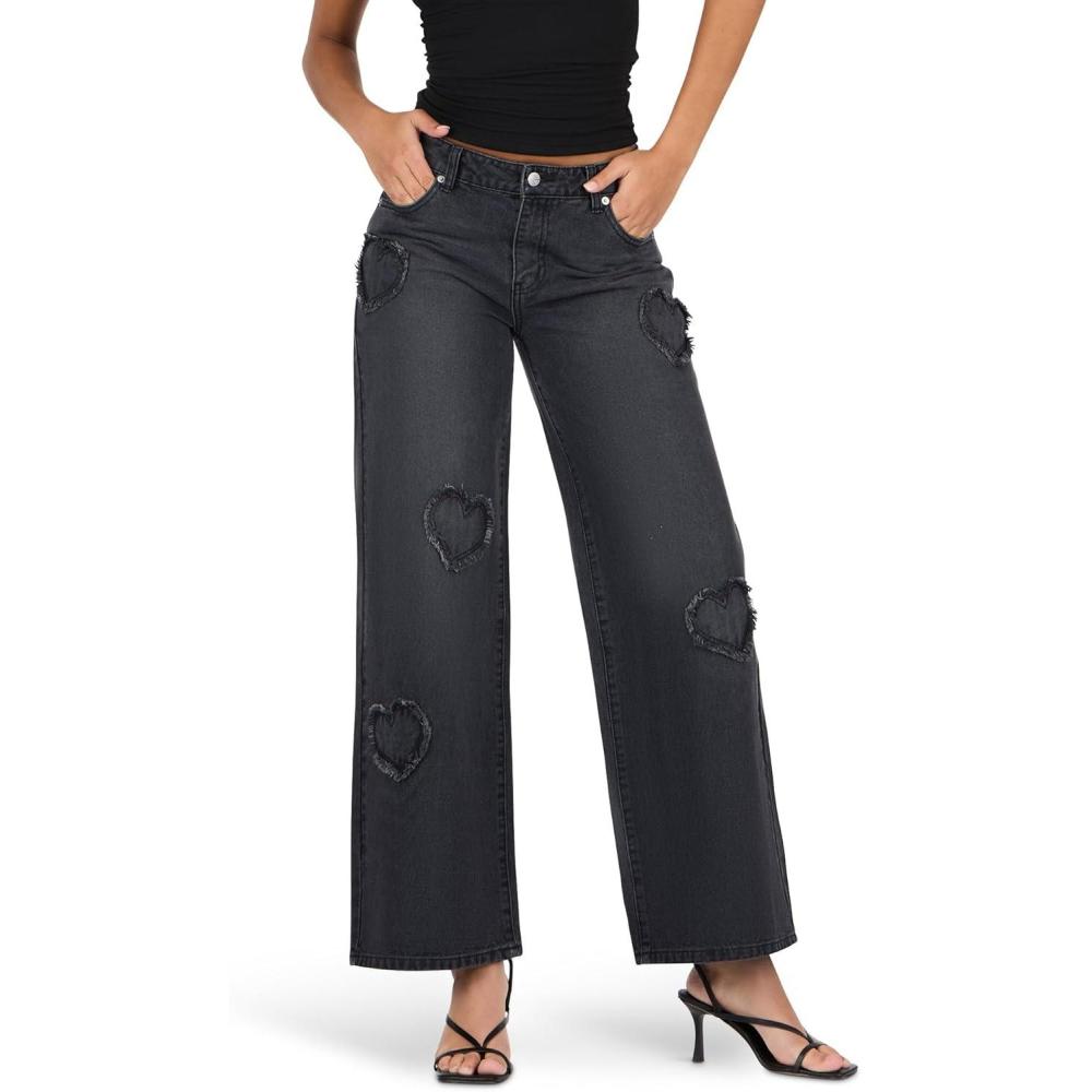 image:imageForever 21 Womens Low Waist Wide Leg Denim Jeans with Heart Patch DetailsBlack