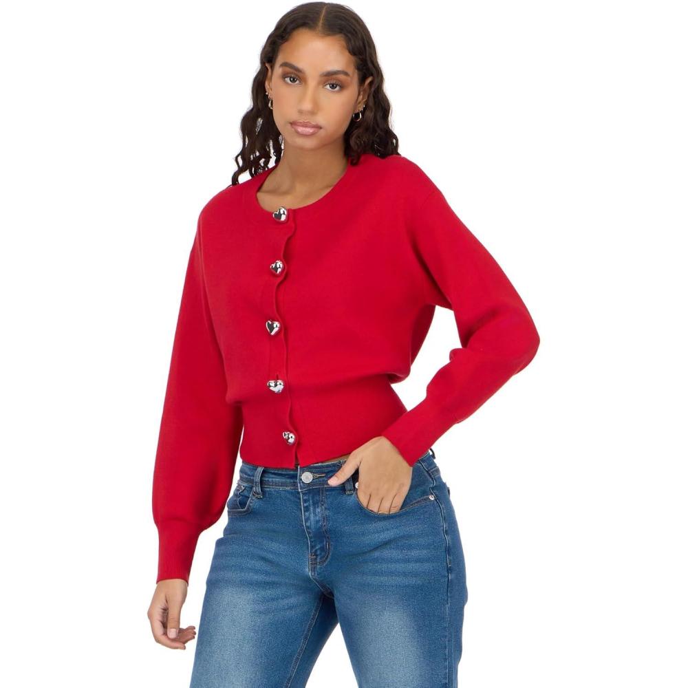 image:imageForever 21 womens Long Sleeve Cardigan With Heart Shaped Metal ButtonsRed