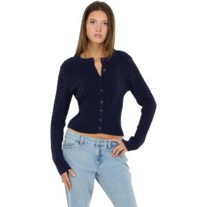 Forever 21 Women’s Cable Knit Fitted Cardigan – Classic Long Sleeve Button Front Sweater for Everyday Layering(Navy)