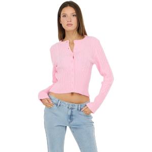 Forever 21 Women’s Cable Knit Fitted Cardigan – Classic Long Sleeve Button Front Sweater for Everyday Layering(Pink)